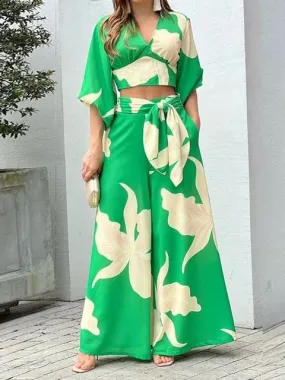 Vacation Floral Women Two Piece Set Fashion V Neck Long Lantern Sleeve Print Loose Wide Legs Pants With Pockets Sets High Street B-20241