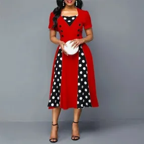 Vintage Patchwork Button Polka Dots Hepburn Printed Dress S4581683