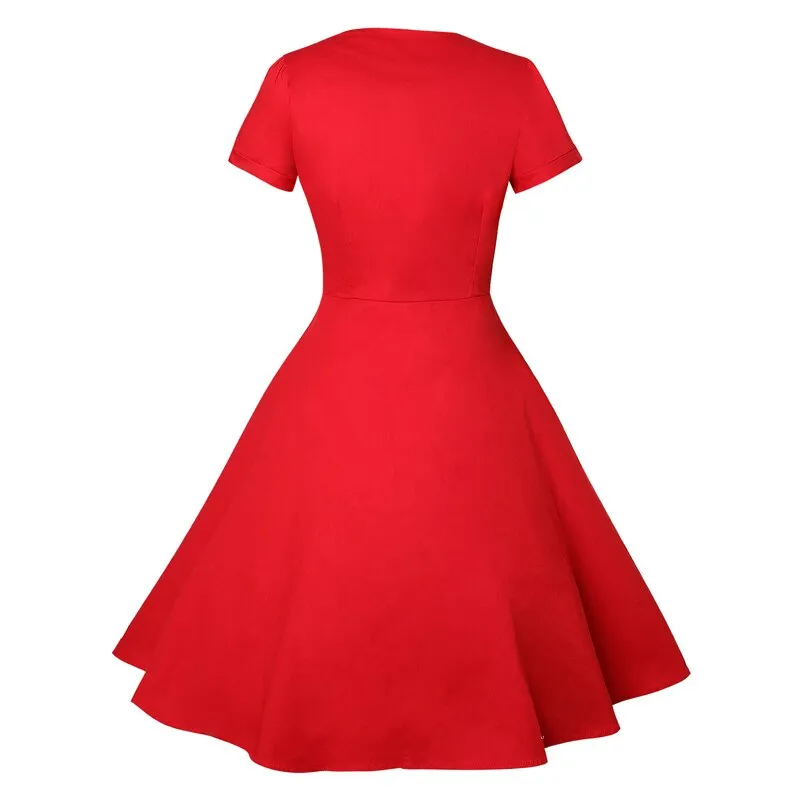 Vintage Patchwork Button Polka Dots Hepburn Printed Dress S4581683