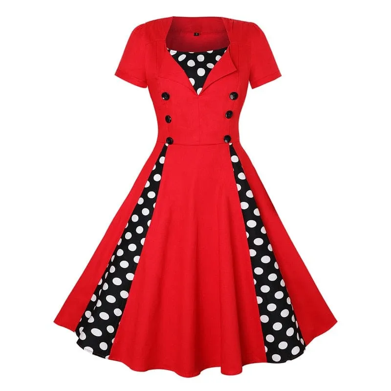 Vintage Patchwork Button Polka Dots Hepburn Printed Dress S4581683