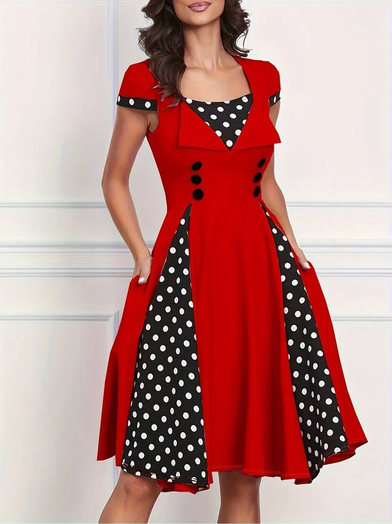 Vintage Patchwork Button Polka Dots Hepburn Printed Dress S4581683